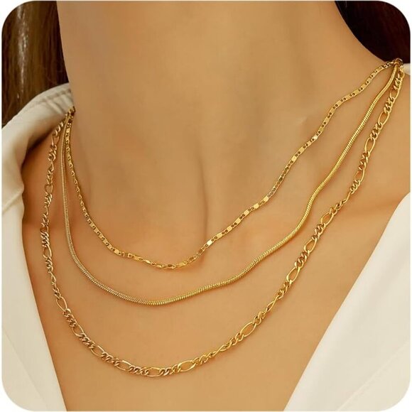 Gold Necklaces Stack 3pcs Brass Dainty Layered Waterproof for Women - Picture 1 of 9